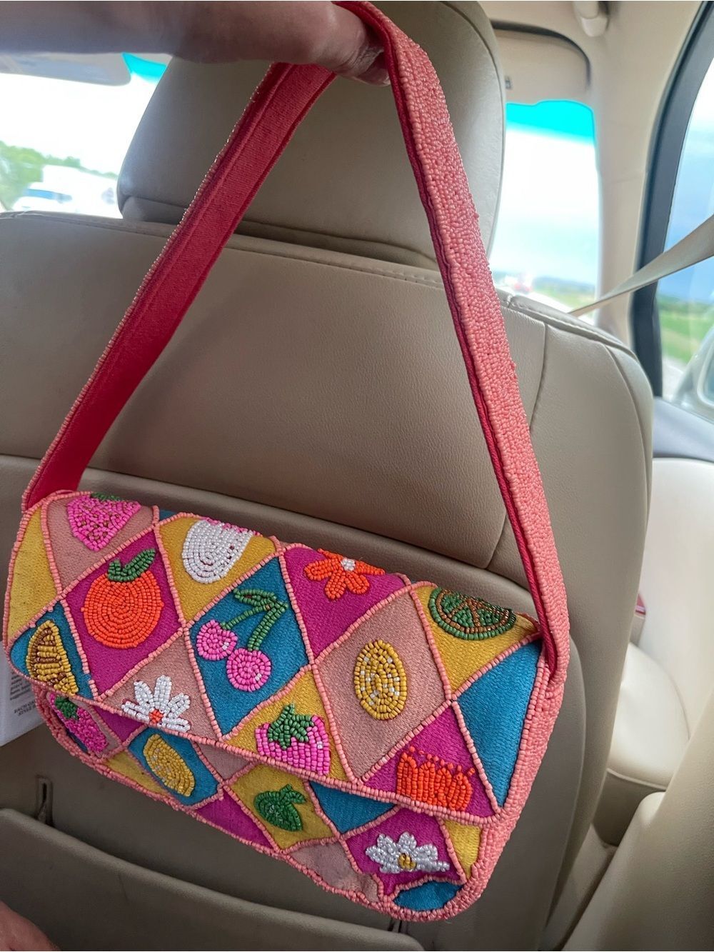Viral Beaded Bag - Fruit Pattern Foldover Shoulder Bag in Pink multi color - Picture 3 of 9